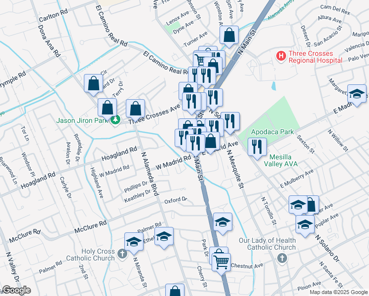 map of restaurants, bars, coffee shops, grocery stores, and more near 165 Oban Court in Las Cruces