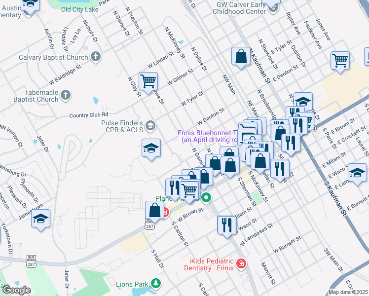 map of restaurants, bars, coffee shops, grocery stores, and more near 501 North Gaines Street in Ennis