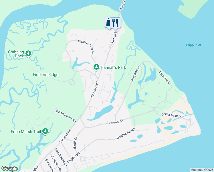 map of restaurants, bars, coffee shops, grocery stores, and more near 230 Deerfield Court in Fripp Island