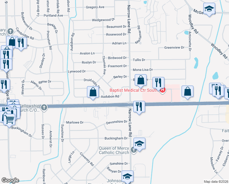 map of restaurants, bars, coffee shops, grocery stores, and more near 1227 Lynwood Drive in Montgomery