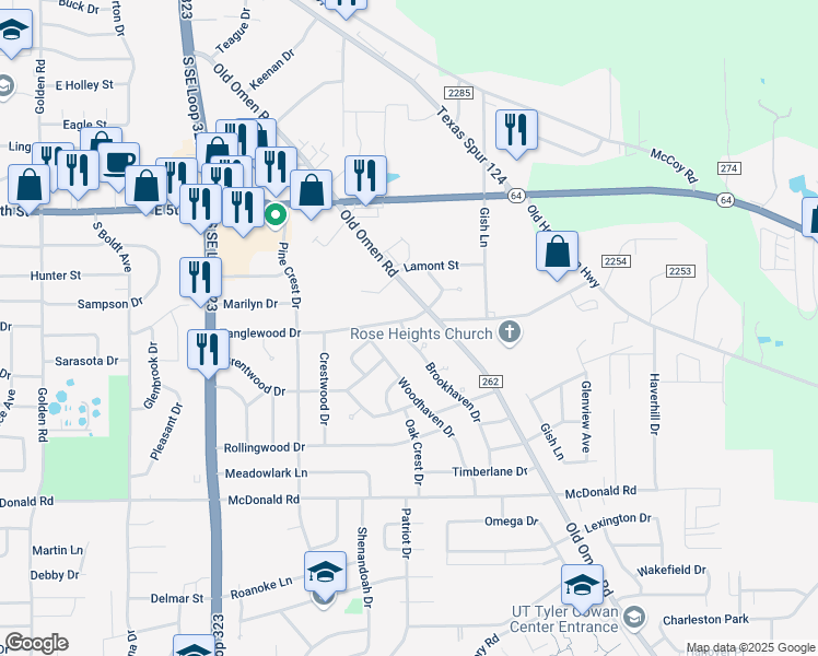 map of restaurants, bars, coffee shops, grocery stores, and more near 3031 Tanglewood Drive in Tyler