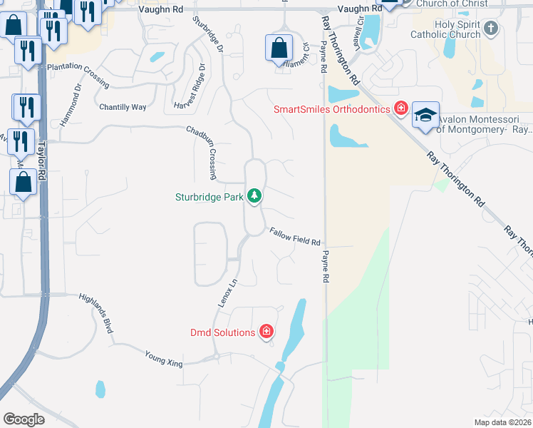 map of restaurants, bars, coffee shops, grocery stores, and more near 9320 Sturbridge Place in Montgomery