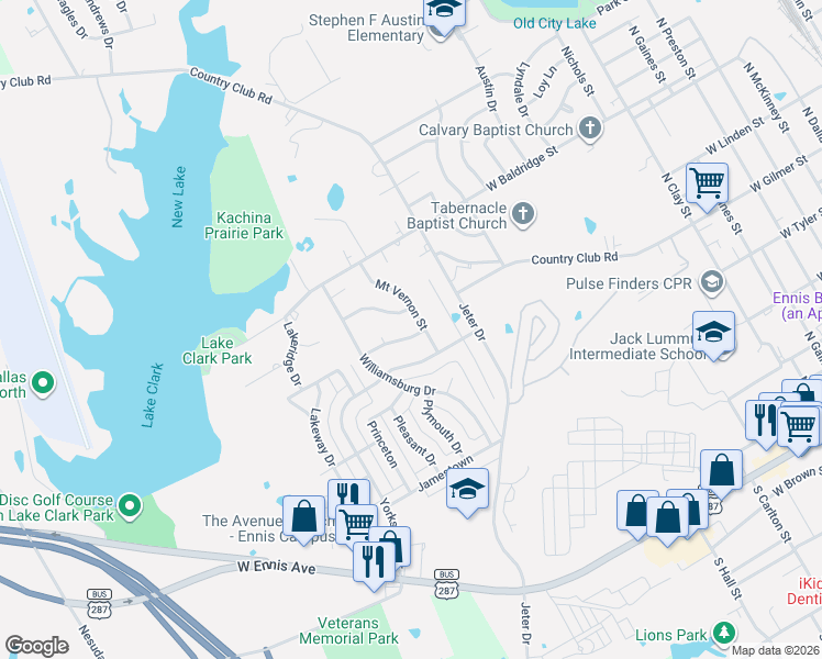 map of restaurants, bars, coffee shops, grocery stores, and more near 1701 Lexington Drive in Ennis