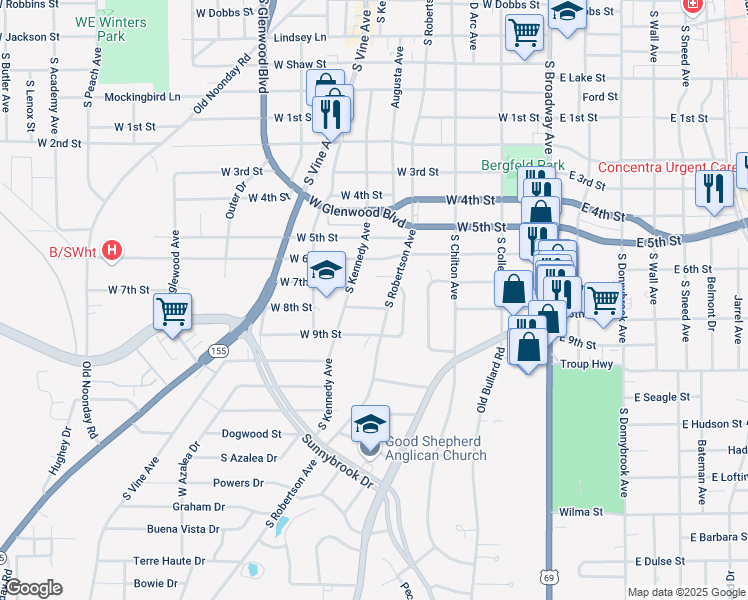 map of restaurants, bars, coffee shops, grocery stores, and more near 604 West 8th Street in Tyler