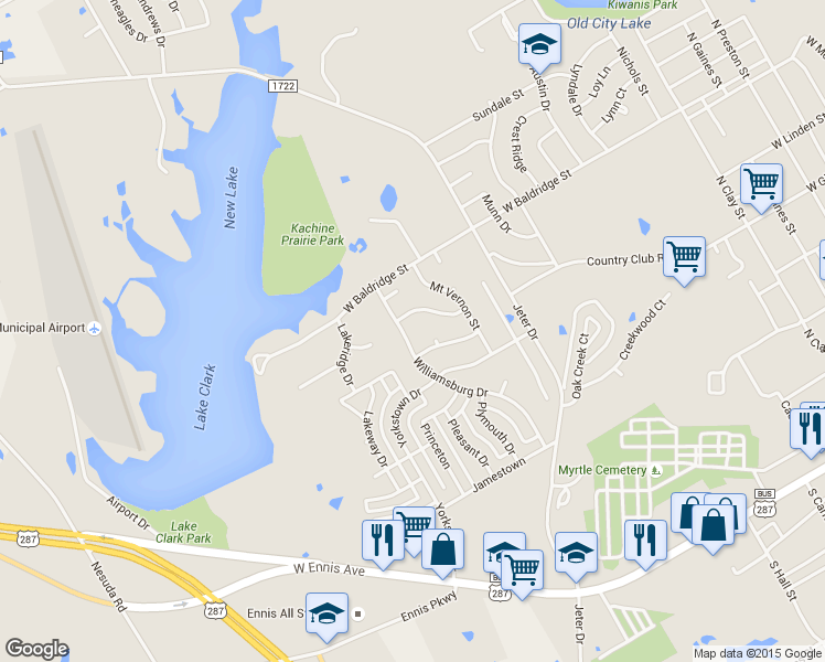 map of restaurants, bars, coffee shops, grocery stores, and more near 1204 Williamsburg Drive in Ennis