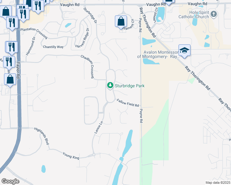 map of restaurants, bars, coffee shops, grocery stores, and more near 9320 Sturbridge Place in Montgomery