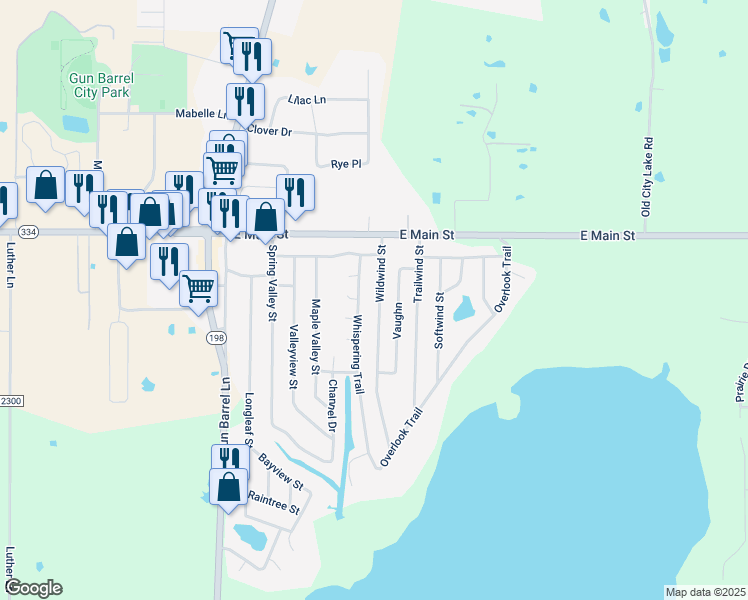 map of restaurants, bars, coffee shops, grocery stores, and more near 226 Wildwind Street in Gun Barrel City