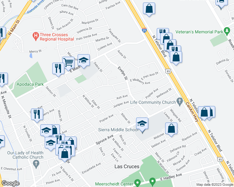map of restaurants, bars, coffee shops, grocery stores, and more near 1812 Louise Circle in Las Cruces