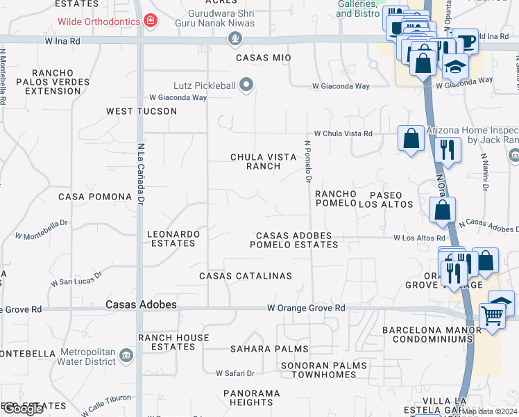 map of restaurants, bars, coffee shops, grocery stores, and more near 1015 West San Nicolas Circle in Tucson