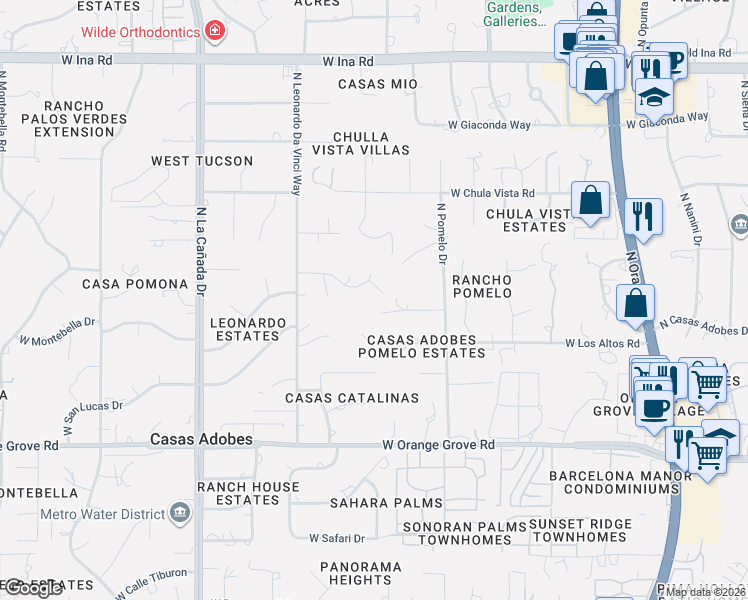 map of restaurants, bars, coffee shops, grocery stores, and more near 1015 West San Nicolas Circle in Tucson