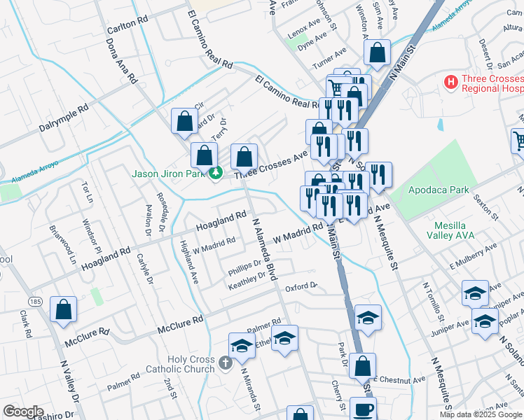 map of restaurants, bars, coffee shops, grocery stores, and more near 230 Hoagland Road in Las Cruces
