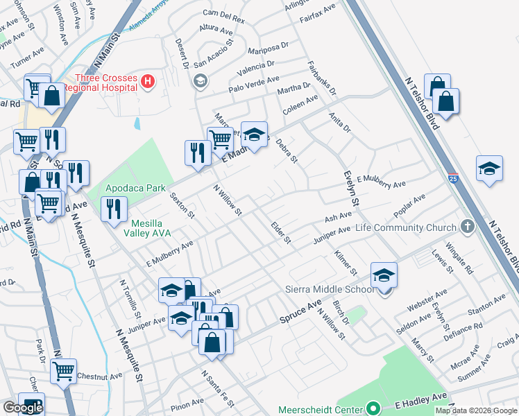 map of restaurants, bars, coffee shops, grocery stores, and more near 1798 Elder St in Las Cruces
