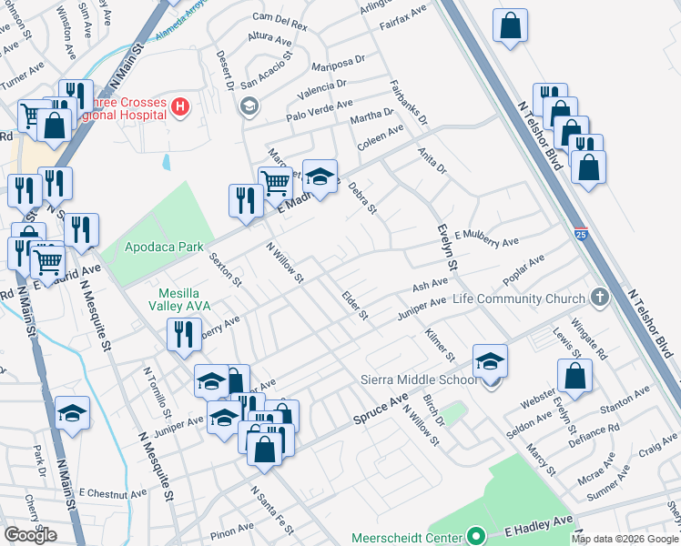 map of restaurants, bars, coffee shops, grocery stores, and more near 1700-1798 Elder St in Las Cruces