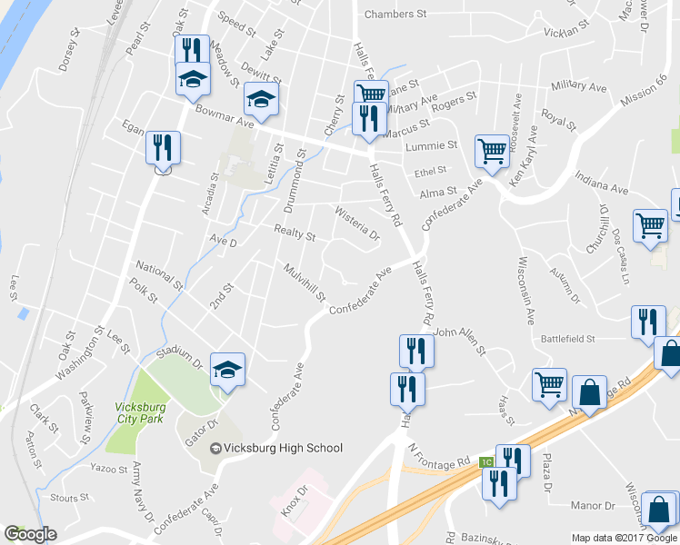 map of restaurants, bars, coffee shops, grocery stores, and more near 1437 Parkside Drive in Vicksburg