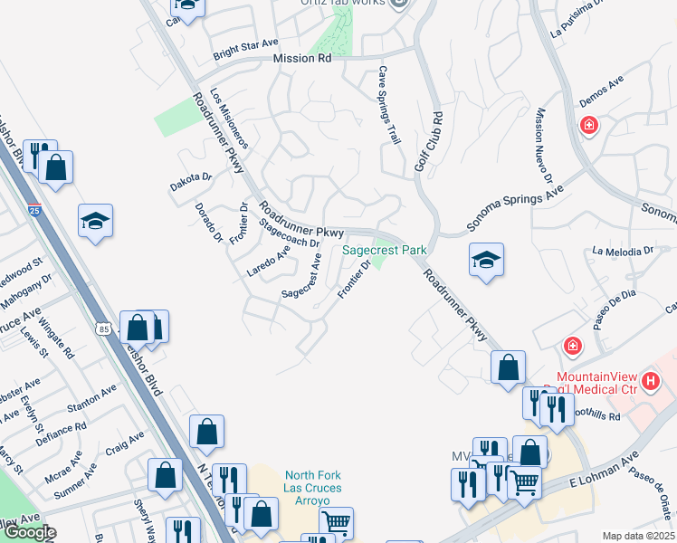 map of restaurants, bars, coffee shops, grocery stores, and more near 501 Roadrunner Parkway in Las Cruces