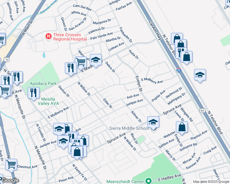 map of restaurants, bars, coffee shops, grocery stores, and more near 1698 Ebony Avenue in Las Cruces