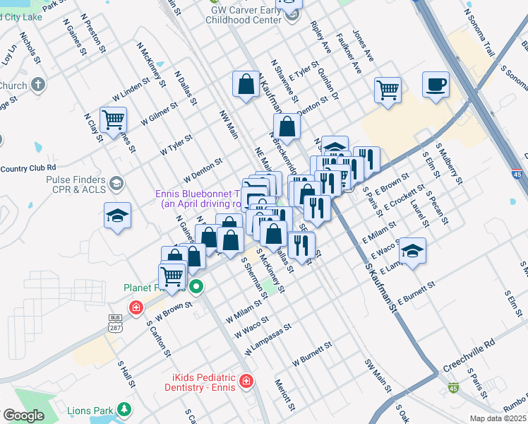 map of restaurants, bars, coffee shops, grocery stores, and more near 110 North Dallas Street in Ennis