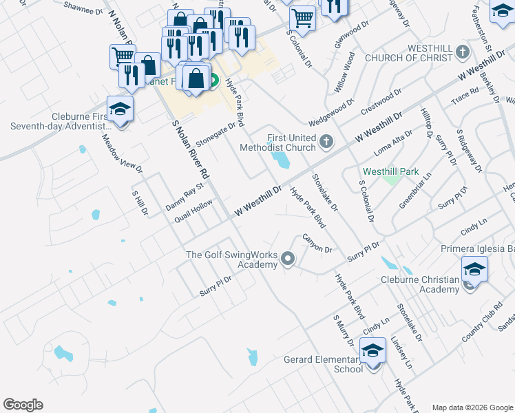 map of restaurants, bars, coffee shops, grocery stores, and more near 1511 West Westhill Drive in Cleburne