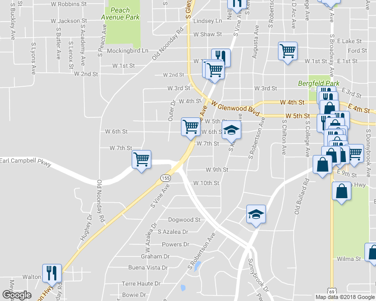map of restaurants, bars, coffee shops, grocery stores, and more near 1867 South Vine Avenue in Tyler