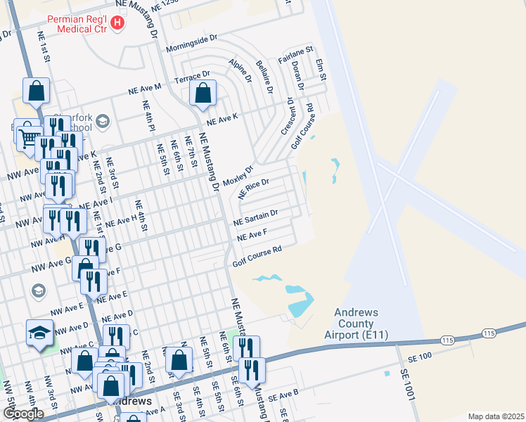 map of restaurants, bars, coffee shops, grocery stores, and more near 919 Northeast Avenue F in Andrews