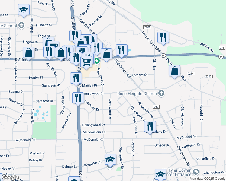 map of restaurants, bars, coffee shops, grocery stores, and more near 3009 Tanglewood Drive in Tyler