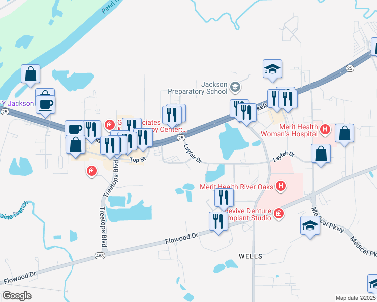 map of restaurants, bars, coffee shops, grocery stores, and more near 271 Layfair Drive in Flowood