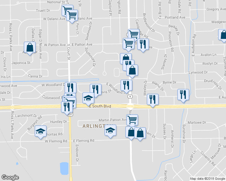 map of restaurants, bars, coffee shops, grocery stores, and more near 54 Davis Drive in Montgomery