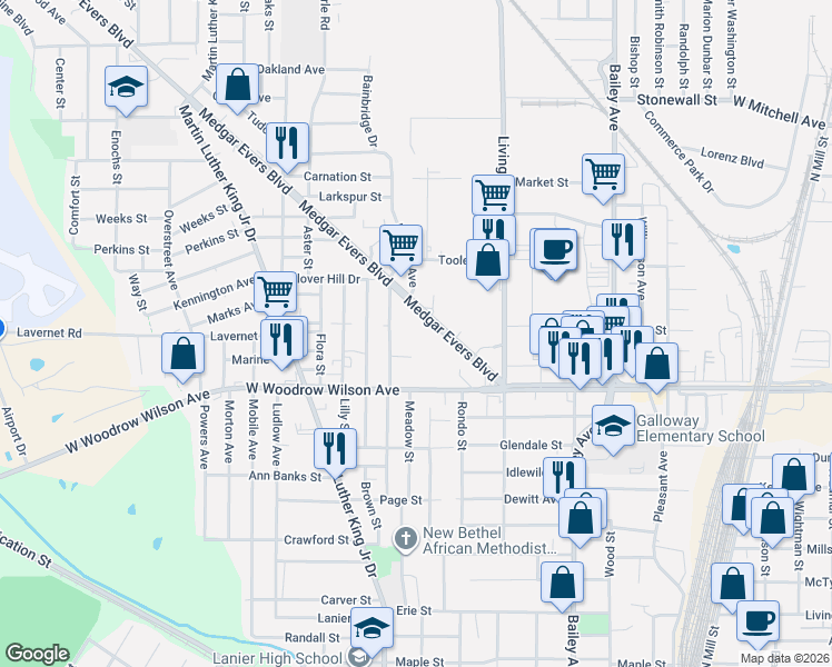 map of restaurants, bars, coffee shops, grocery stores, and more near 2511 Medgar Evers Boulevard in Jackson
