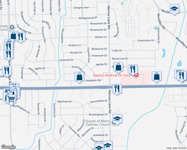 map of restaurants, bars, coffee shops, grocery stores, and more near 1227 Lynwood Drive in Montgomery