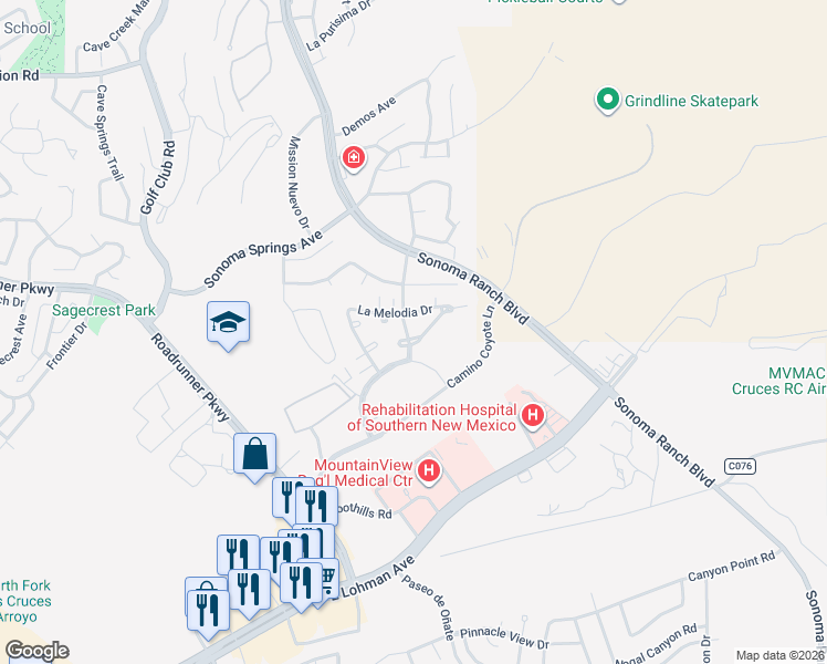 map of restaurants, bars, coffee shops, grocery stores, and more near 521 La Camelia Drive in Las Cruces