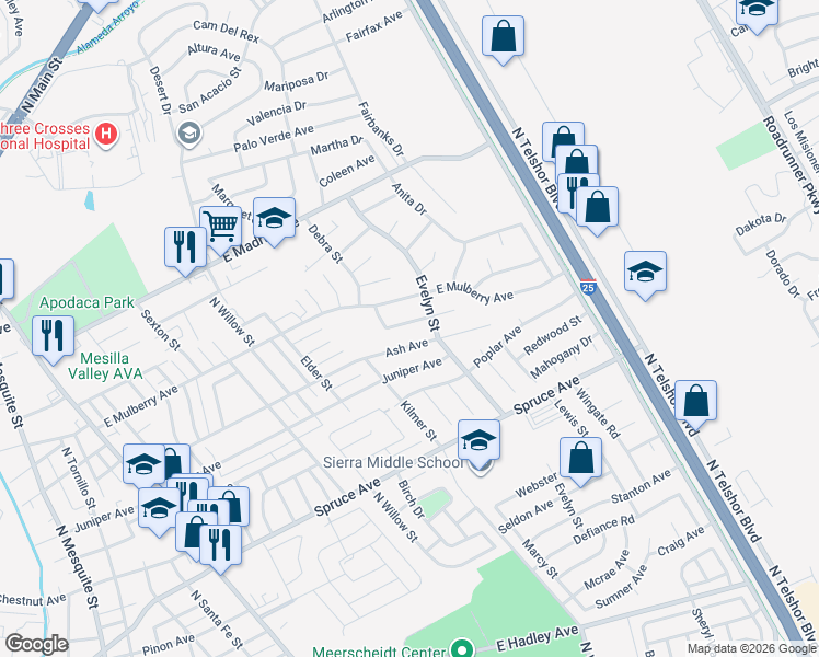 map of restaurants, bars, coffee shops, grocery stores, and more near 1818 Louise Circle in Las Cruces