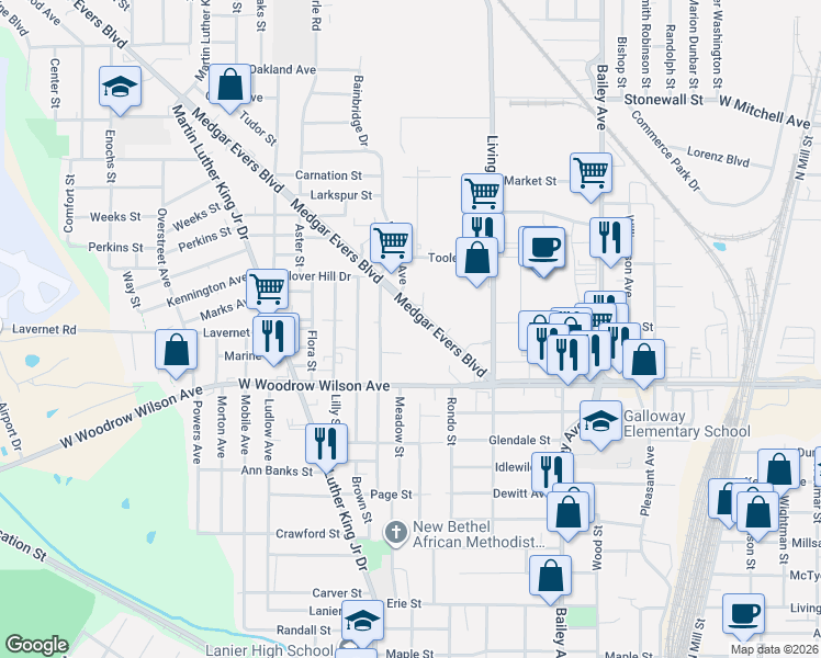 map of restaurants, bars, coffee shops, grocery stores, and more near 2511 Medgar Evers Boulevard in Jackson