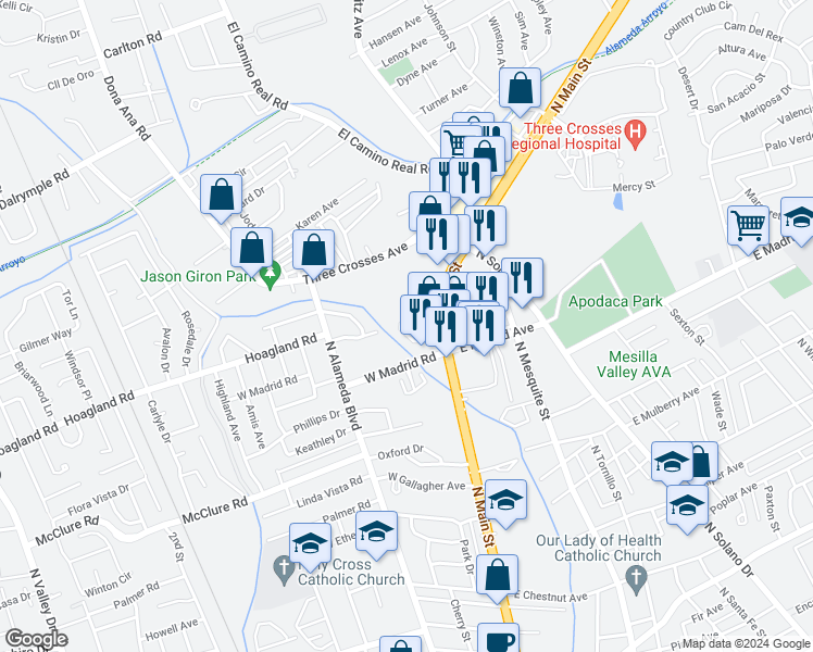 map of restaurants, bars, coffee shops, grocery stores, and more near 131 Oban Court in Las Cruces