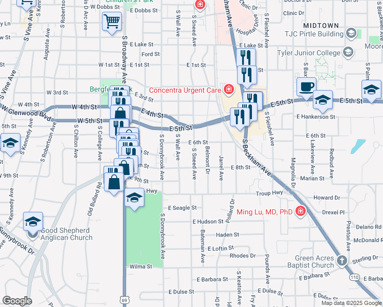 map of restaurants, bars, coffee shops, grocery stores, and more near 1929 South Sneed Avenue in Tyler