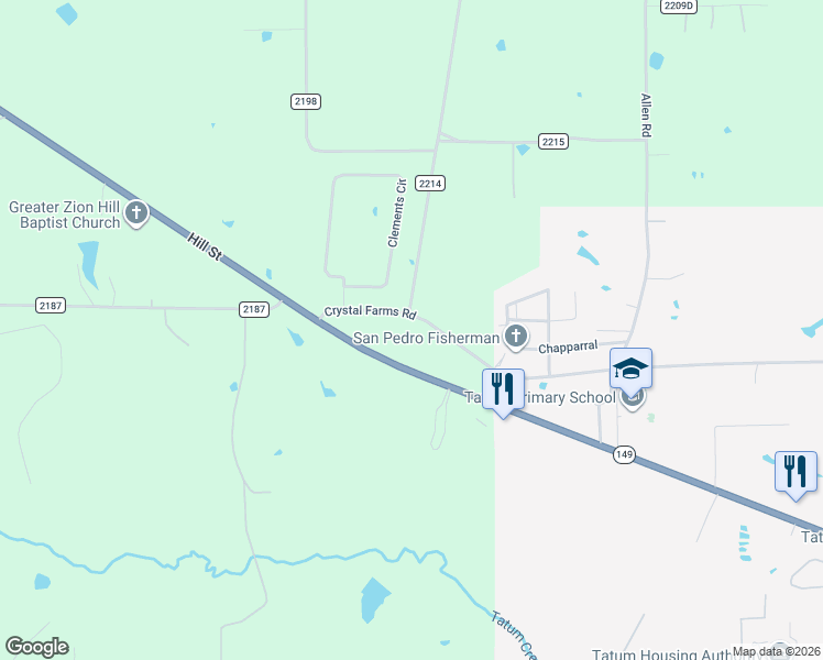 map of restaurants, bars, coffee shops, grocery stores, and more near 2257 Crystal Farms Road in Tatum