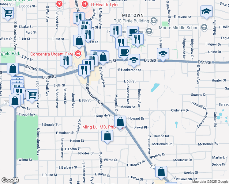 map of restaurants, bars, coffee shops, grocery stores, and more near 1905 Magnolia Drive in Tyler