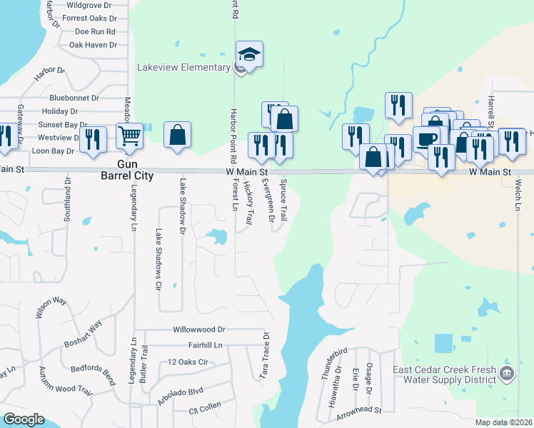 map of restaurants, bars, coffee shops, grocery stores, and more near 140 Evergreen Drive in Gun Barrel City