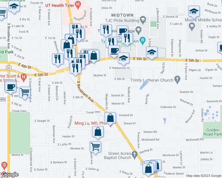 map of restaurants, bars, coffee shops, grocery stores, and more near 1231 San Antonio Street in Tyler