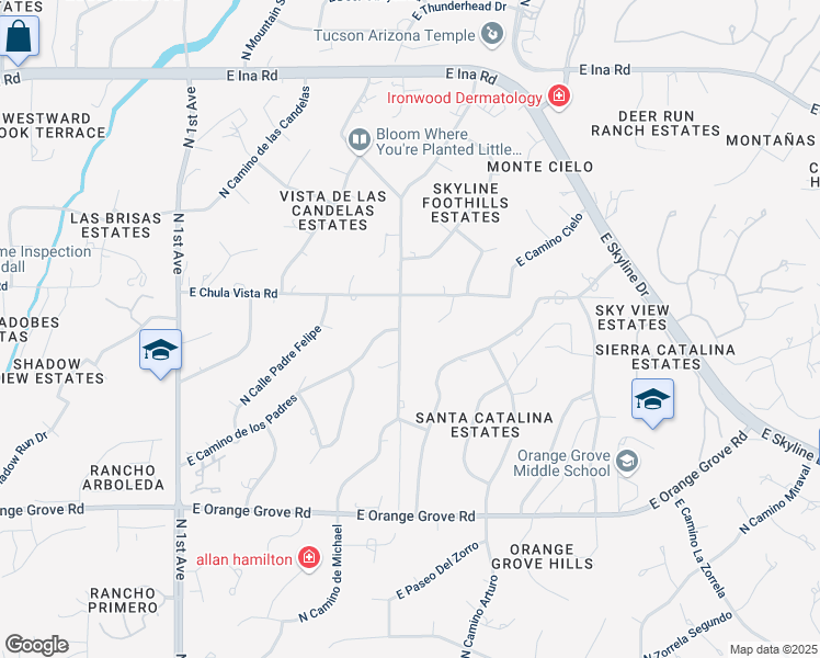map of restaurants, bars, coffee shops, grocery stores, and more near 1300 East Chula Vista Road in Tucson