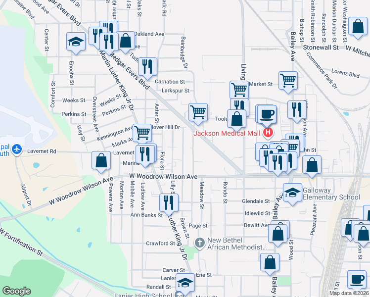 map of restaurants, bars, coffee shops, grocery stores, and more near 3017 Brown Street in Jackson
