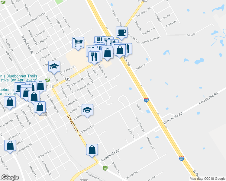 map of restaurants, bars, coffee shops, grocery stores, and more near 909 East Waco Street in Ennis