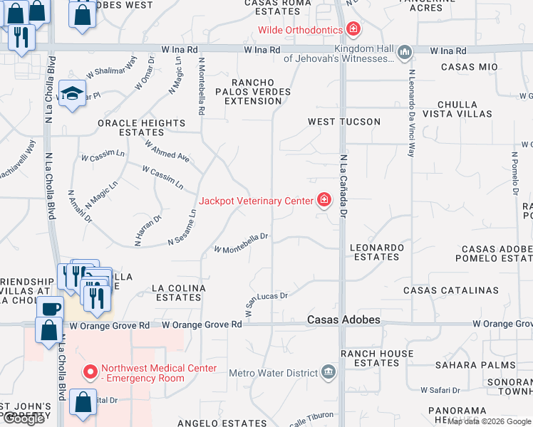 map of restaurants, bars, coffee shops, grocery stores, and more near 6741 North Pomona Road in Tucson