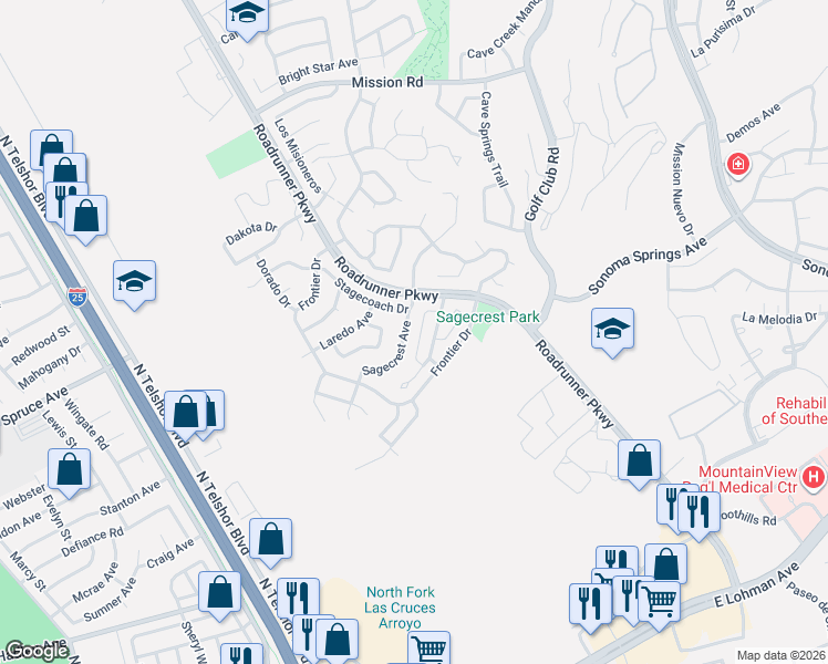 map of restaurants, bars, coffee shops, grocery stores, and more near 2189 Sagecrest Avenue in Las Cruces
