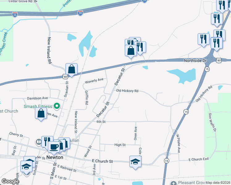 map of restaurants, bars, coffee shops, grocery stores, and more near 801-899 Decatur Street in Newton