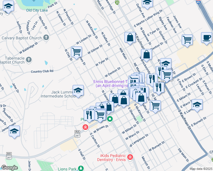 map of restaurants, bars, coffee shops, grocery stores, and more near 407 North Preston Street in Ennis