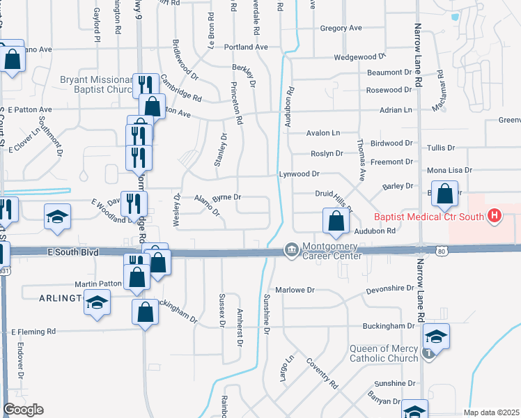 map of restaurants, bars, coffee shops, grocery stores, and more near 3949 Princeton Road in Montgomery