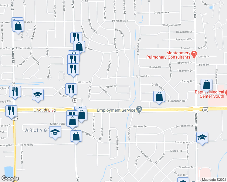 map of restaurants, bars, coffee shops, grocery stores, and more near 3902 Princeton Road in Montgomery