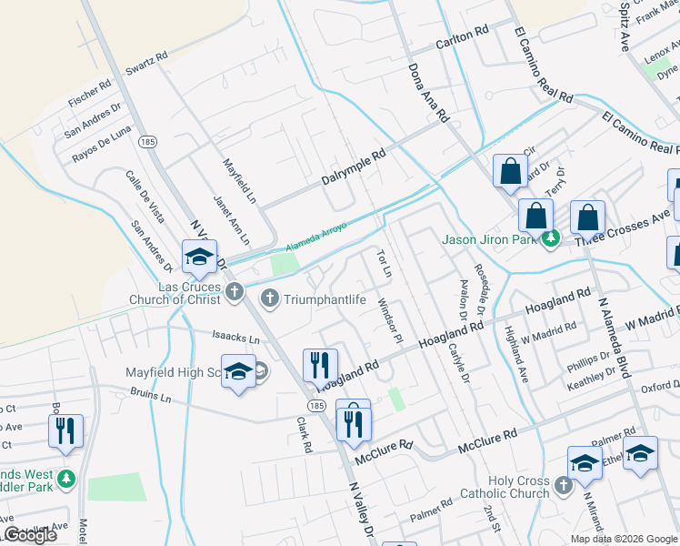 map of restaurants, bars, coffee shops, grocery stores, and more near 2079 Briarwood Lane in Las Cruces