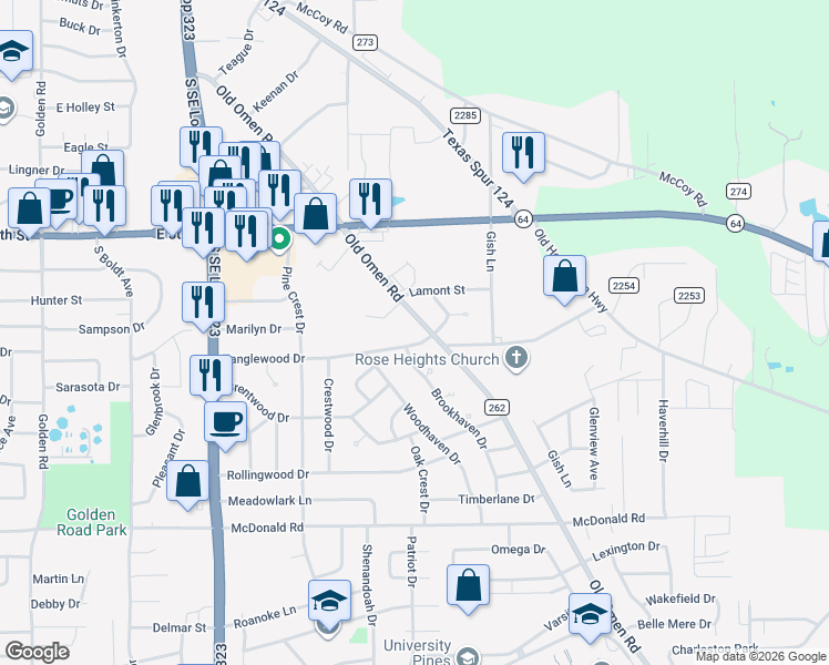 map of restaurants, bars, coffee shops, grocery stores, and more near 3114 Tanglewood Drive in Tyler