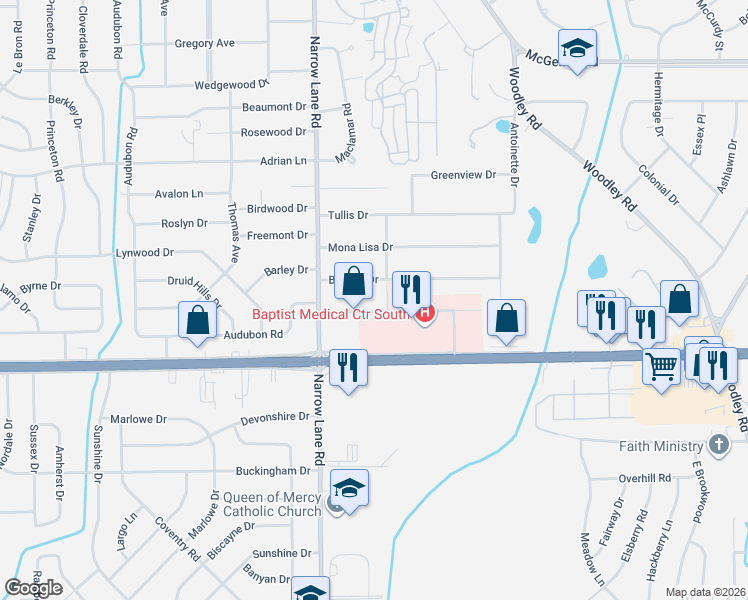 map of restaurants, bars, coffee shops, grocery stores, and more near 2055 Normandie Drive in Montgomery